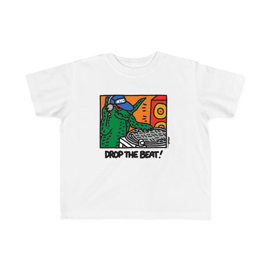 Whitetoddler t-shirt with colorful front graphic print featuring a alligator DJ character and the text 'DROP THE BEAT!'