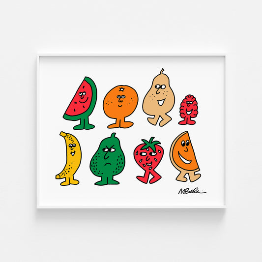 A colorful illustration of various fruit characters on a white background with the signature of the artist 'Micah NYC' at the bottom right.