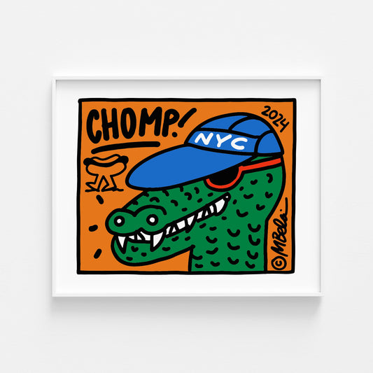 A colorful illustration of a dinosaur wearing a baseball cap with 'NYC' on it, with the text 'CHOMP' above it. The artwork is framed, and the artist's signature is visible.