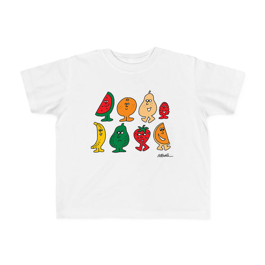 A white toddler T-shirt with colorful fruit character artwork.