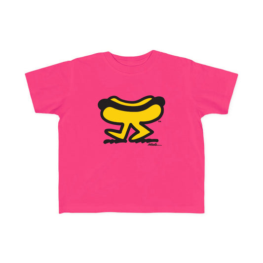 Pink t-shirt with a yellow and black walking hotdog graphic on a pink shirt