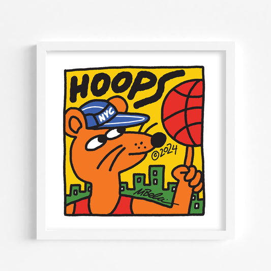 An art print featuring a cartoon illustration of a rat character holding spinning a basketball, with a cityscape in the background. The character is wearing a hat with the text 'NYC' on it.