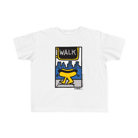 Walking hot dog character graphic walking in New York City with crosswalk sign.