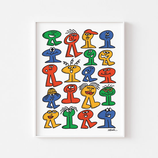 A colorful illustration of various stylized heads characters with different expressions and hairstyles on a white background. Fun doodle style. Great for kids.
