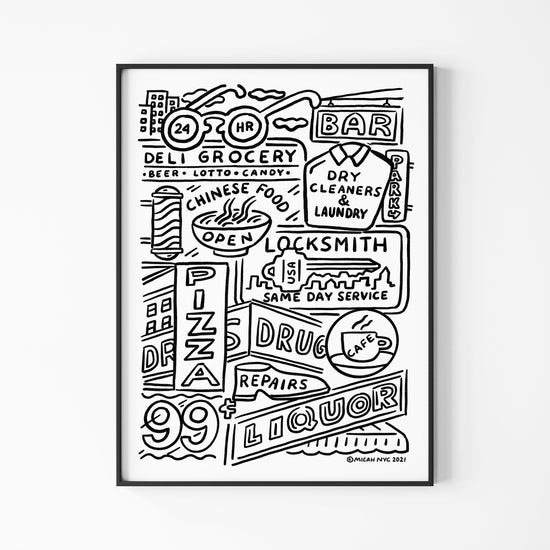 Art print featuring a black and white illustration of various city signage, including a deli, grocery, bar, Chinese food, pizza, locksmith, liquor, shoe repair and other local services.